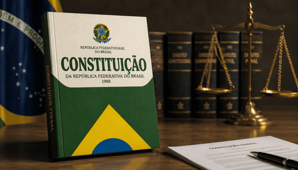 Oração na empresa: Constituição Federal e balança da justiça representando a liberdade religiosa no trabalho